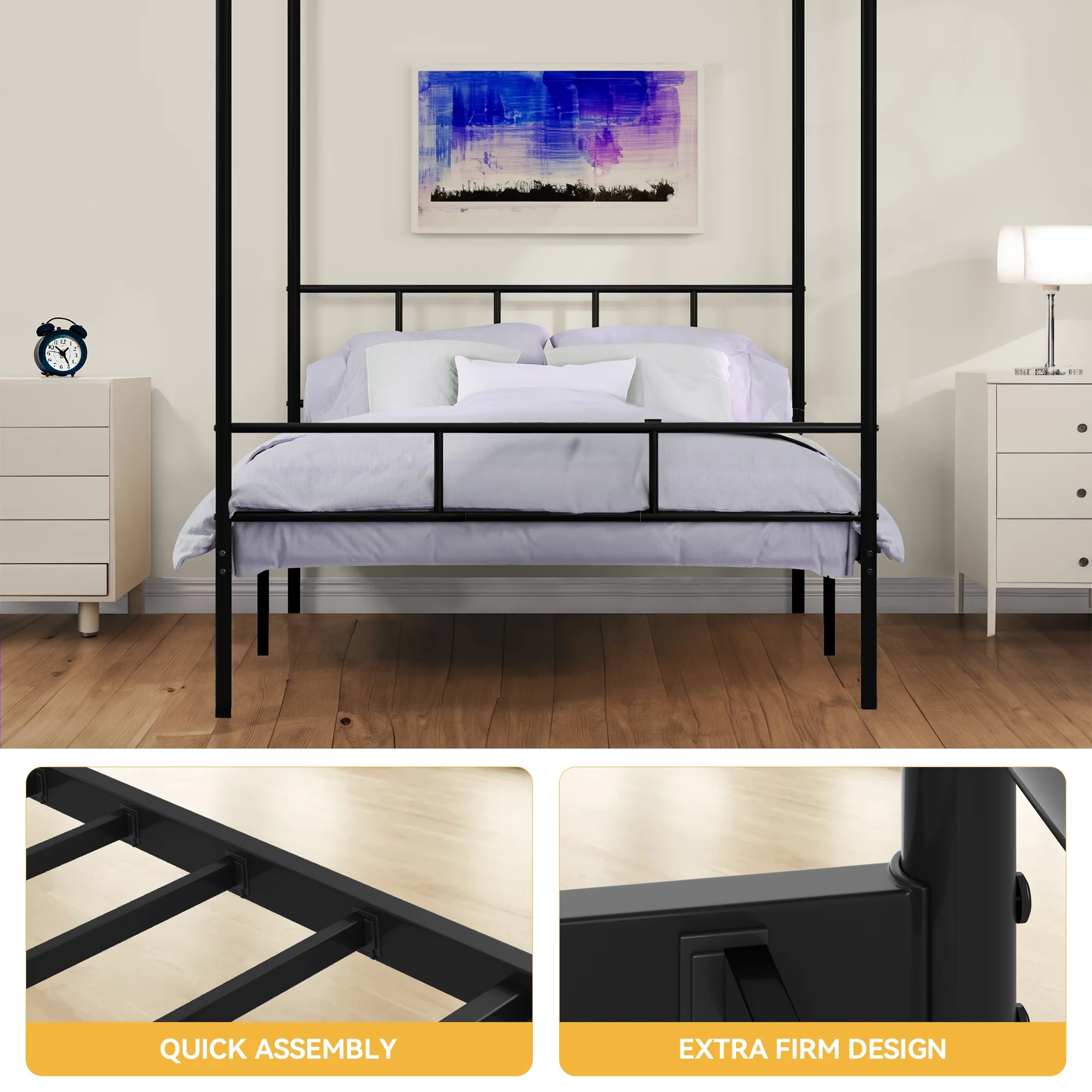 Dextrus Queen Size Bed Frame, Metal Canopy Four Poster Bed Frame with Built-in Headboard Strong Metal Slat Mattress Support, No Box Spring Needed