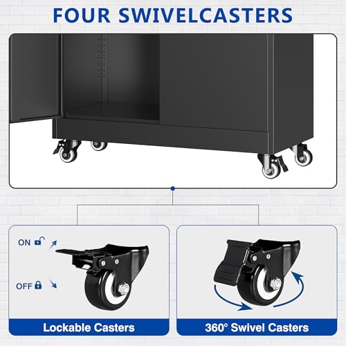 Metal Garage Storage Cabinet with Wheels,Metal Storage Cabinet with Adjustable Shelves,Steel Tool Cabinets with Locking Door for Home, School, Office