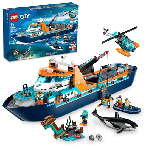 LEGO City Arctic Explorer Ship 60368 Building Toy Set, Fun Toy Gift for 7 Year Old Boys and Girls, with a Floatable Boat, Helicopter, Dinghy, ROV Sub