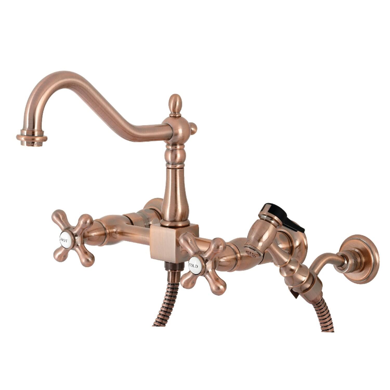 Heritage Two-Handle Wall Mount Bridge Kitchen Faucet with Brass Sprayer - Antique Copper