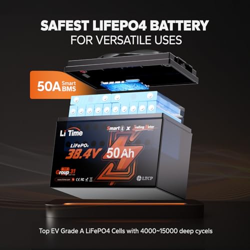 LiTime 36V 50Ah Trolling Motor Bluetooth Low-Temp Protection LiFePO4 Battery Buit in 50A BMS