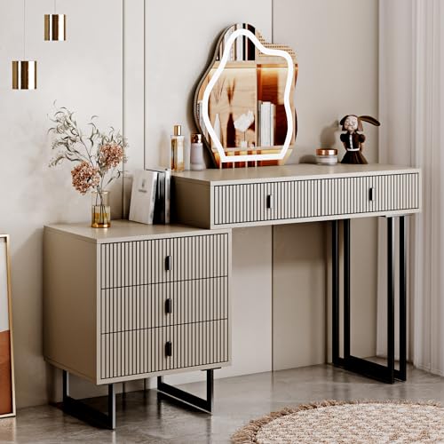 Makeup Vanity Desk with Cloud Lighted Mirror with Power Outlet and LED Strip, 3 Color Lighting Modes with Adjustable Brightness