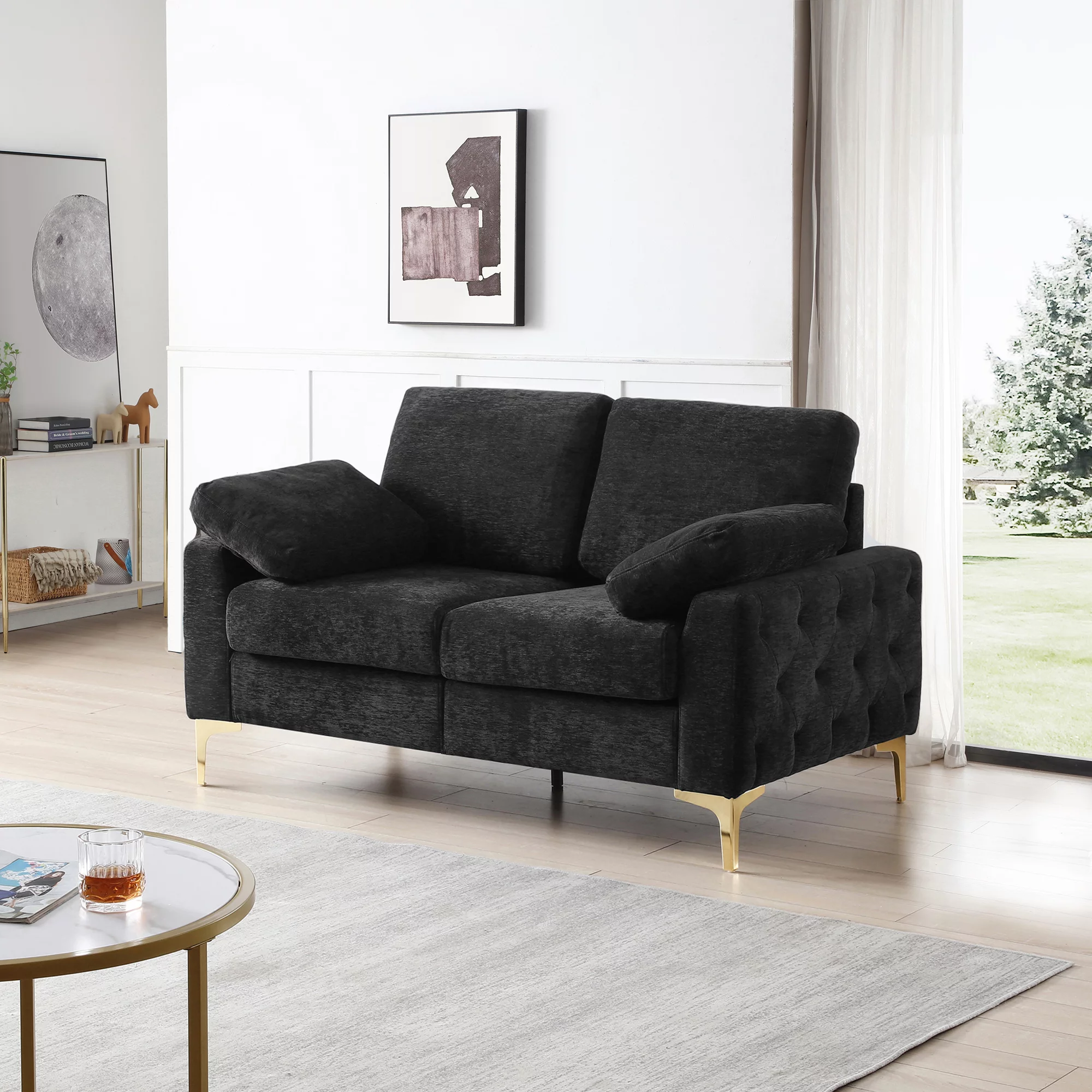 Modern Chenille Upholstered Loveseat, 2 Seater Tufted Sofa Couch with Arm Pillows Metal Legs Removable Cushions for Living Room Bedroom Apartment