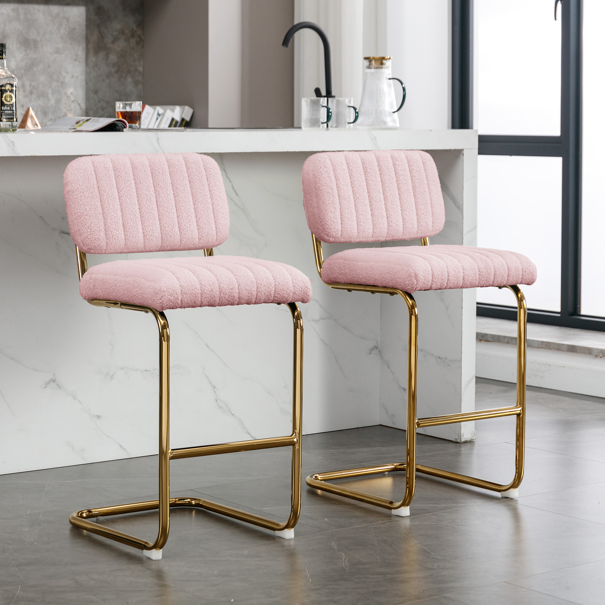 Mid-Century Modern Counter Height Bar Stools for Kitchen Set of 2, Armless Bar Chairs with Gold Metal Chrome Base for Dining Room