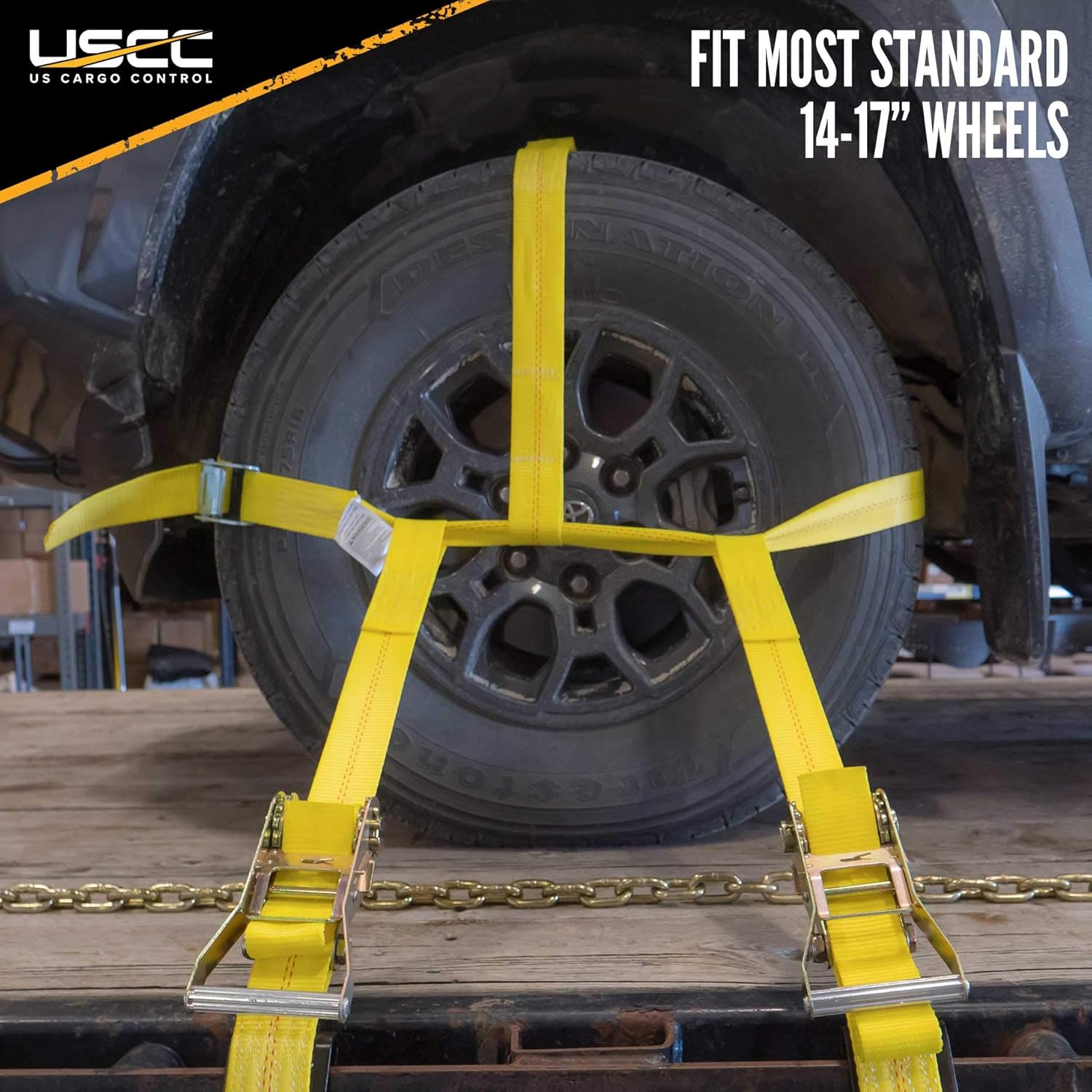 US Cargo Control Side Mount Wheel Net with Cam Buckle,Two Ratchets and Chain Extensions - Easy to Use Wheel Strap for Vehicle Tie Down Applications