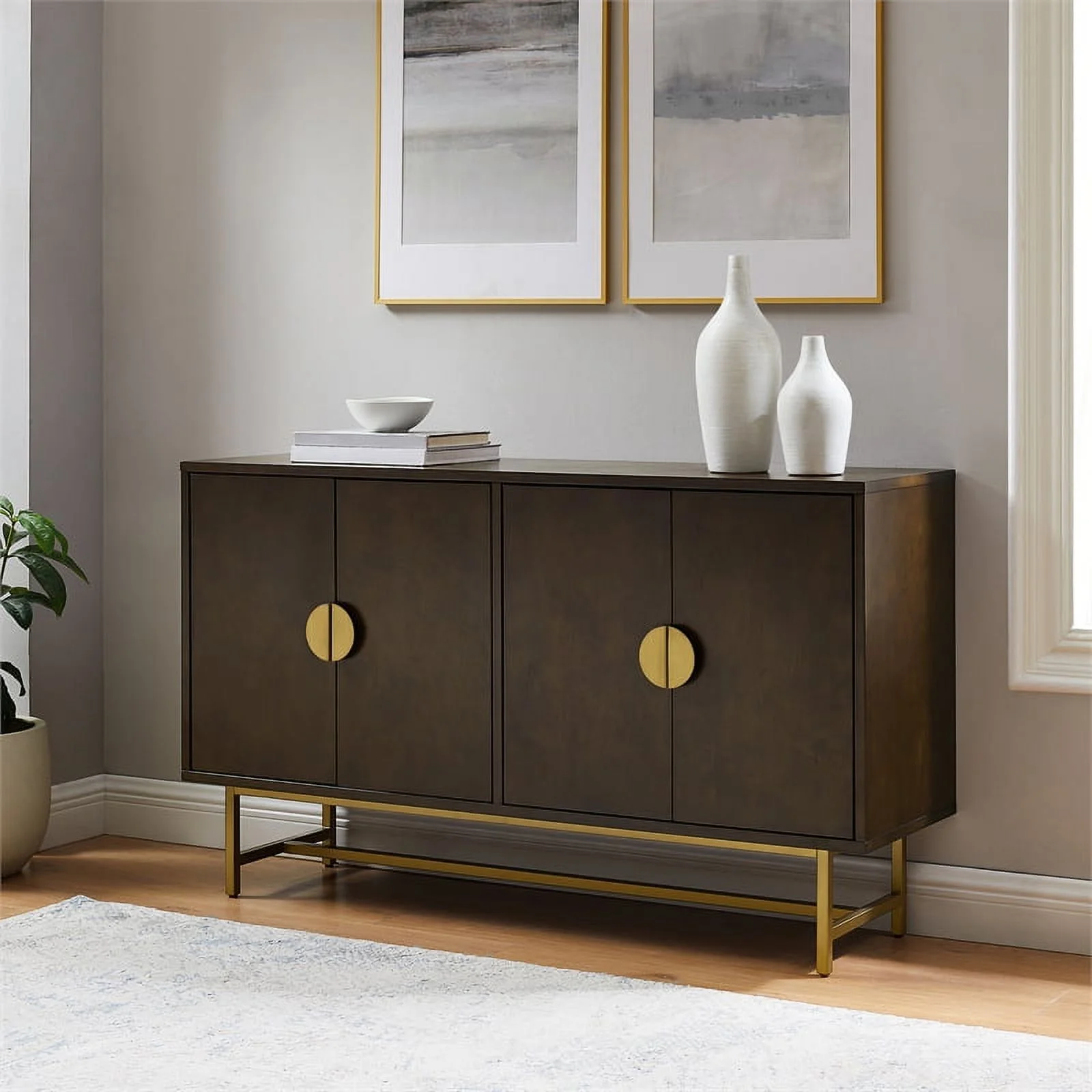 Crosley Furniture Blair Mid-Century Wood/Steel Sideboard in Dark Brown/Gold