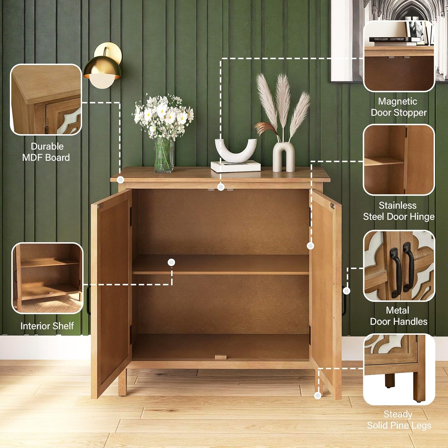 Hand-Carved Sideboard Buffet Cabinet, Storage Cabinet with Doors and Shelf, Buffet Cabinet with Storage