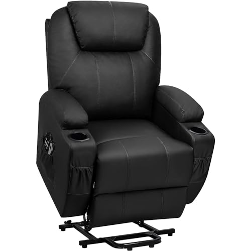 Flamaker Power Lift Recliner Chair PU Leather with Massage for Elderly Ergonomic Lounge Chair Classic Single Sofa with 2 Cup Holders Side Pockets