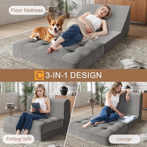 COMAX Folding Sofa Bed, Convertible Chair Bed Corduroy 3-in-1 Foldable Floor Couch with High-Density Foam, Futon Sofa Sleeper Mattress