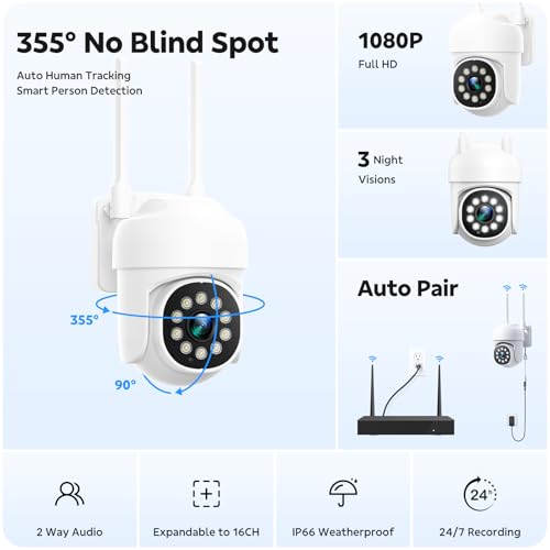 CAMCAMP Wireless Security Camera System, Expandable 16CH 4K NVR, 8PC PTZ WiFi Cameras for Home Security with Auto Human Tracking, 2 Way Audio
