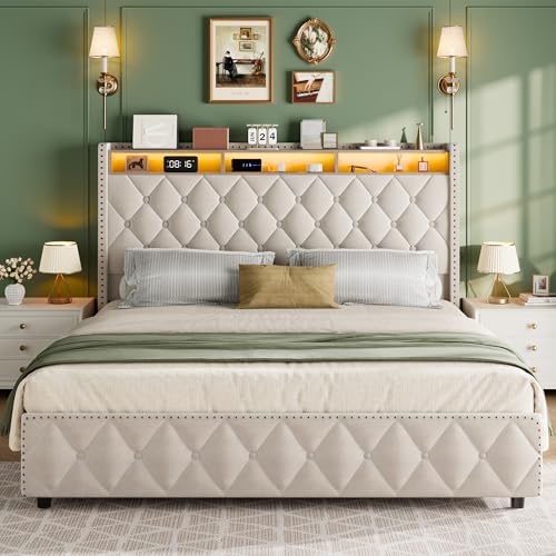 GarveeHome Queen Bed Frame with 50.8" Tall Headboard, Platform Velvet Upholstered Bed Frame with 4 Storage Drawers, USB Charging Station, Led Lights