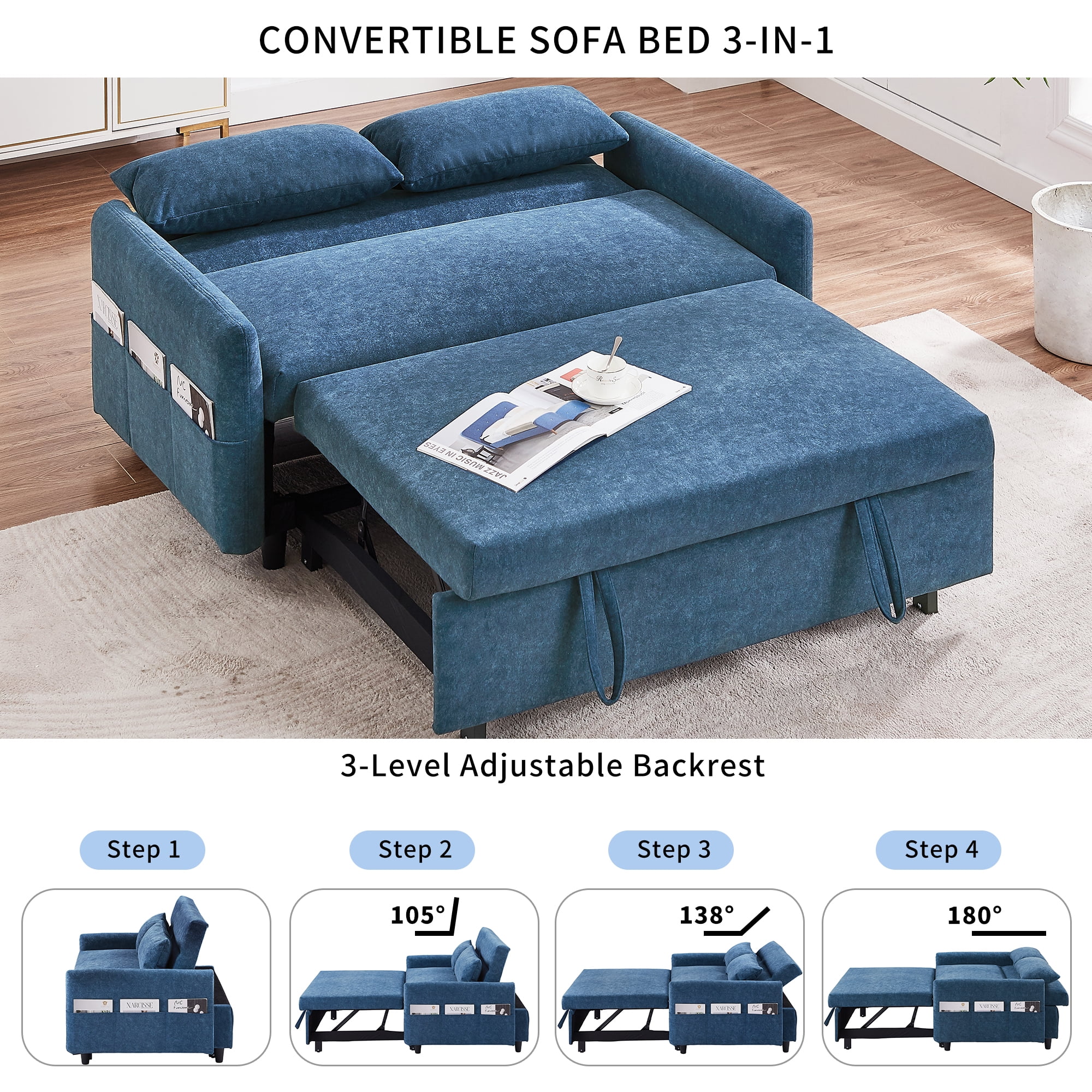Churanty 55.1" Pull Out Sleep Sofa Bed Loveseats Sofa Couch with Adjsutable Backrest, Storage Pockets, 2 Soft Pillows for Living Room, Bedroom