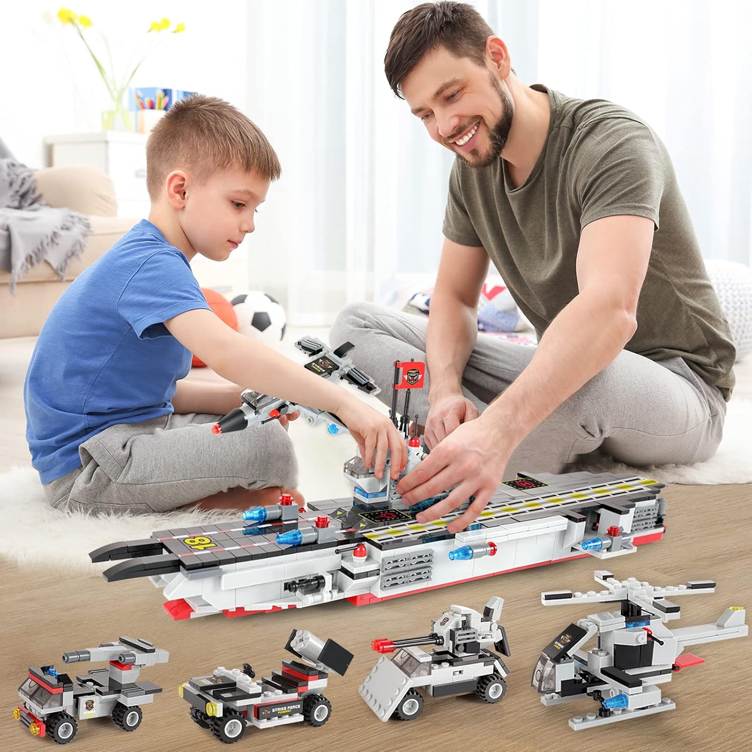 1630 Pieces Aircraft Carrier Building Blocks Set, City Police Military Battleship Building Toy with Army Car, Helicopter, Airplane, Warship, Boat