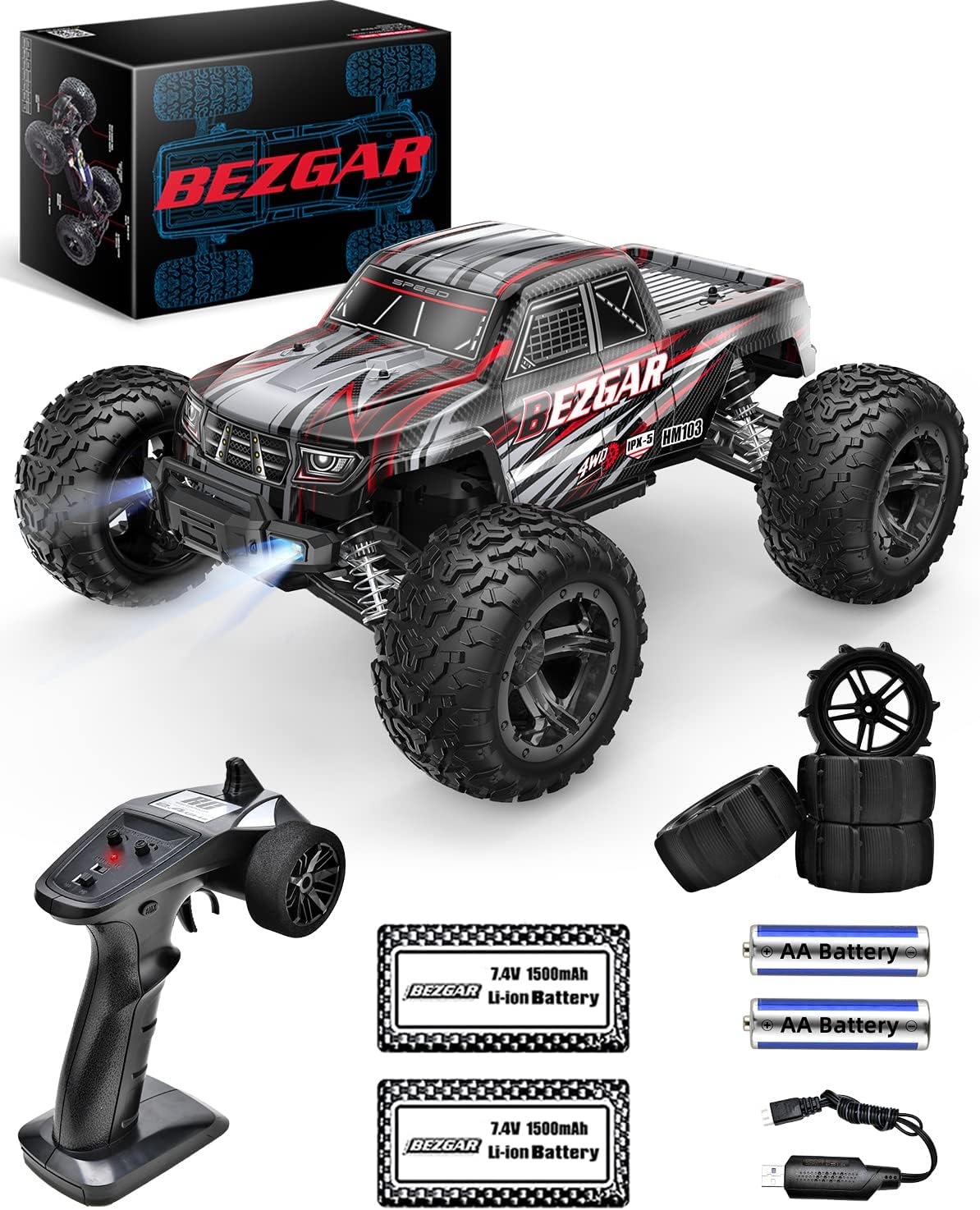 BEZGAR HM101 Hobby Grade 1:10 Scale Remote Control Truck with 550 Motor, 4WD Top Speed 42 Km/h All Terrains Off Road RC Truck