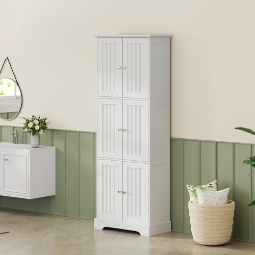 ChooChoo Tall Bathroom Storage Cabinet with 6 Doors, Freestanding Floor Cabinet with Adjustable Shelves, White Pantry Cabinet for Bathroom, Kitchen