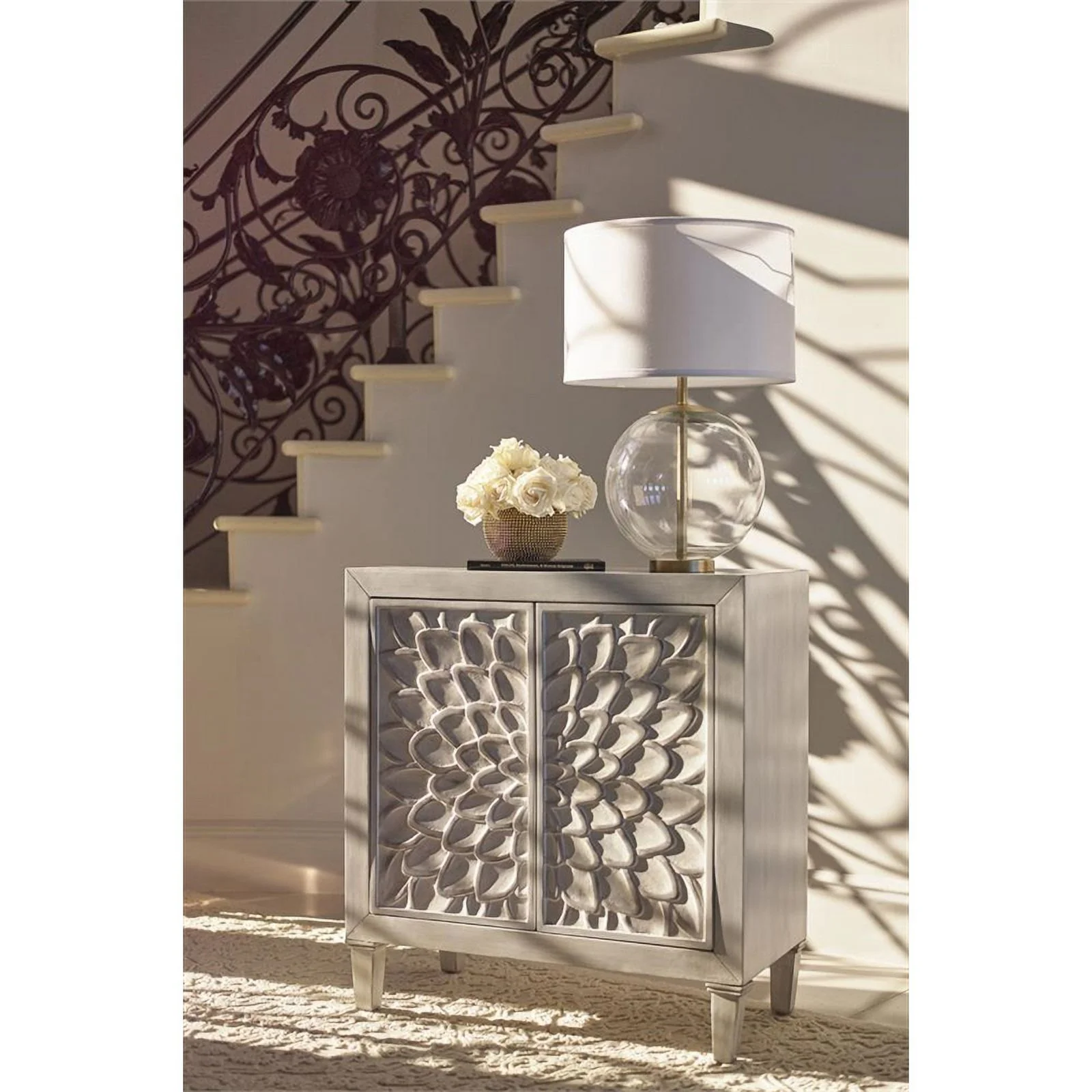 Pemberly Row Wood Accent Cabinet with Floral Carved Door White