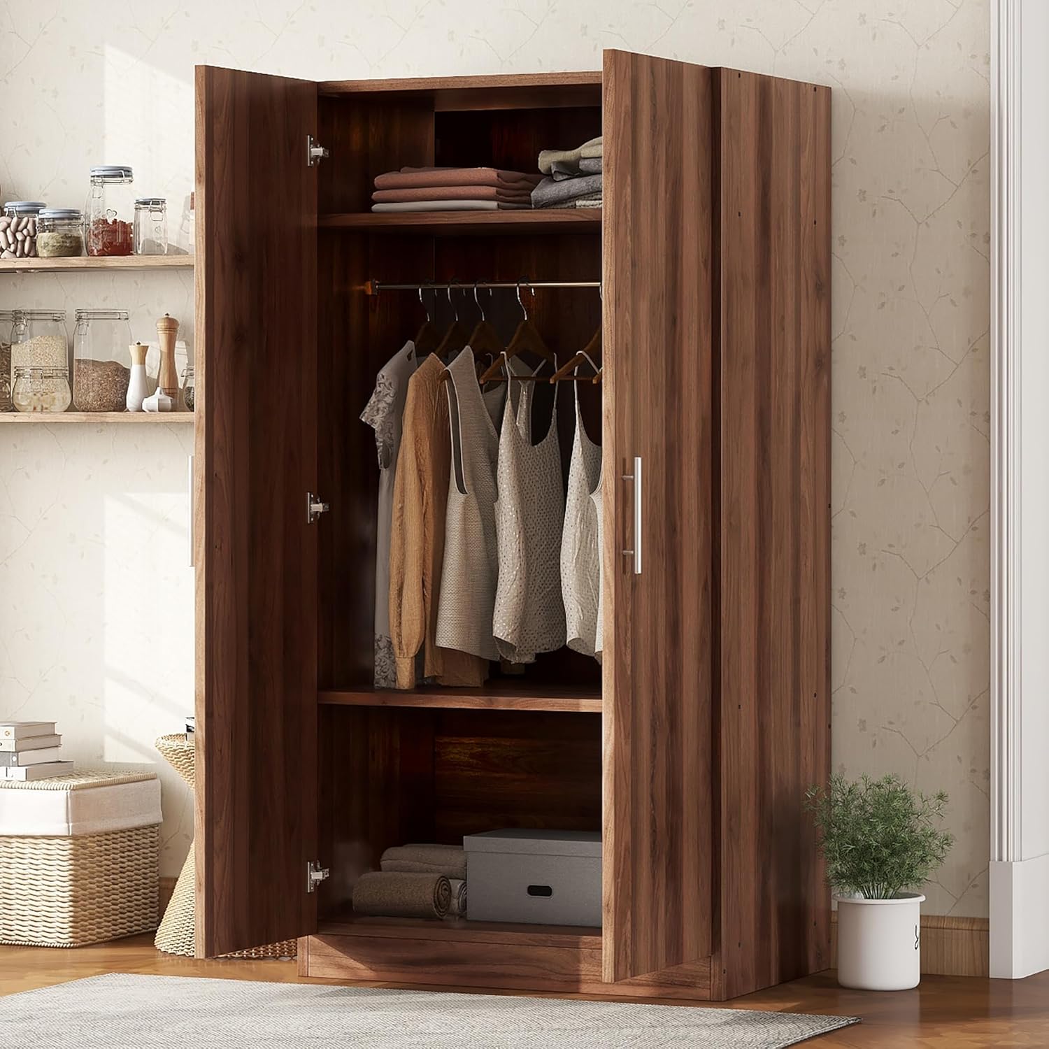 Stylish and Functional 2-Door Wooden Wardrobe Armoire with 3 Adjustable Storage Shelves and a Sturdy Hanging Rod for Optimal Organization and Storage