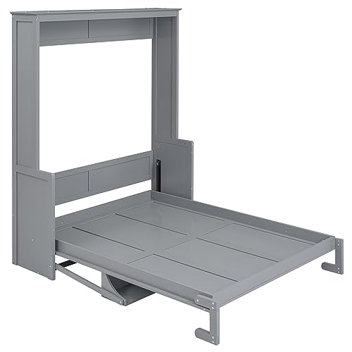 Ball & Cast Queen Size Murphy Bed,Murphy Bed Cabinet W/ 2 Five-Layer Cabinet,Hideaway Wall Bed W/LED Lights,Wood Hidden Bed Frame for Guest Room