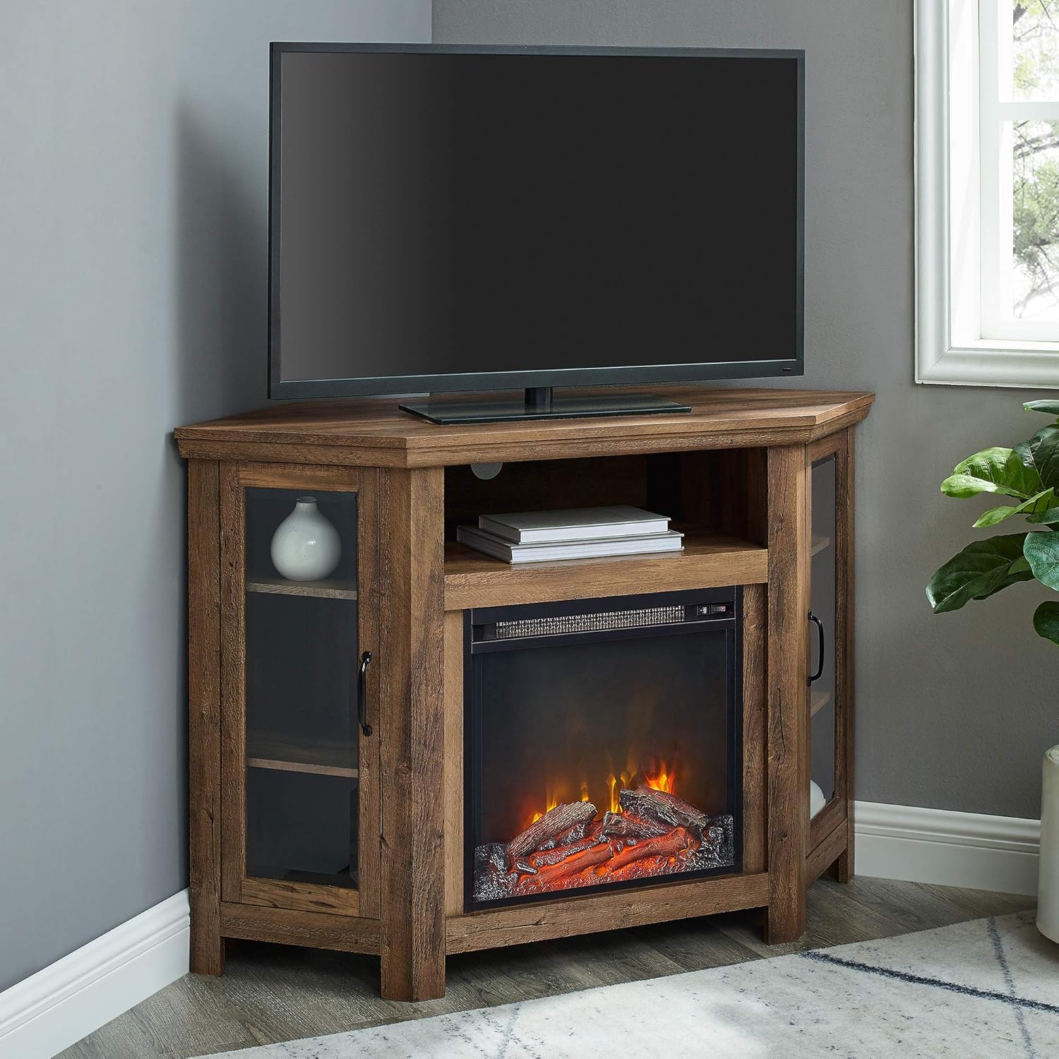 Walker Edison Alcott Classic Glass Door Fireplace Corner TV Stand for TVs up to 55 Inches, 48 Inch, Espresso