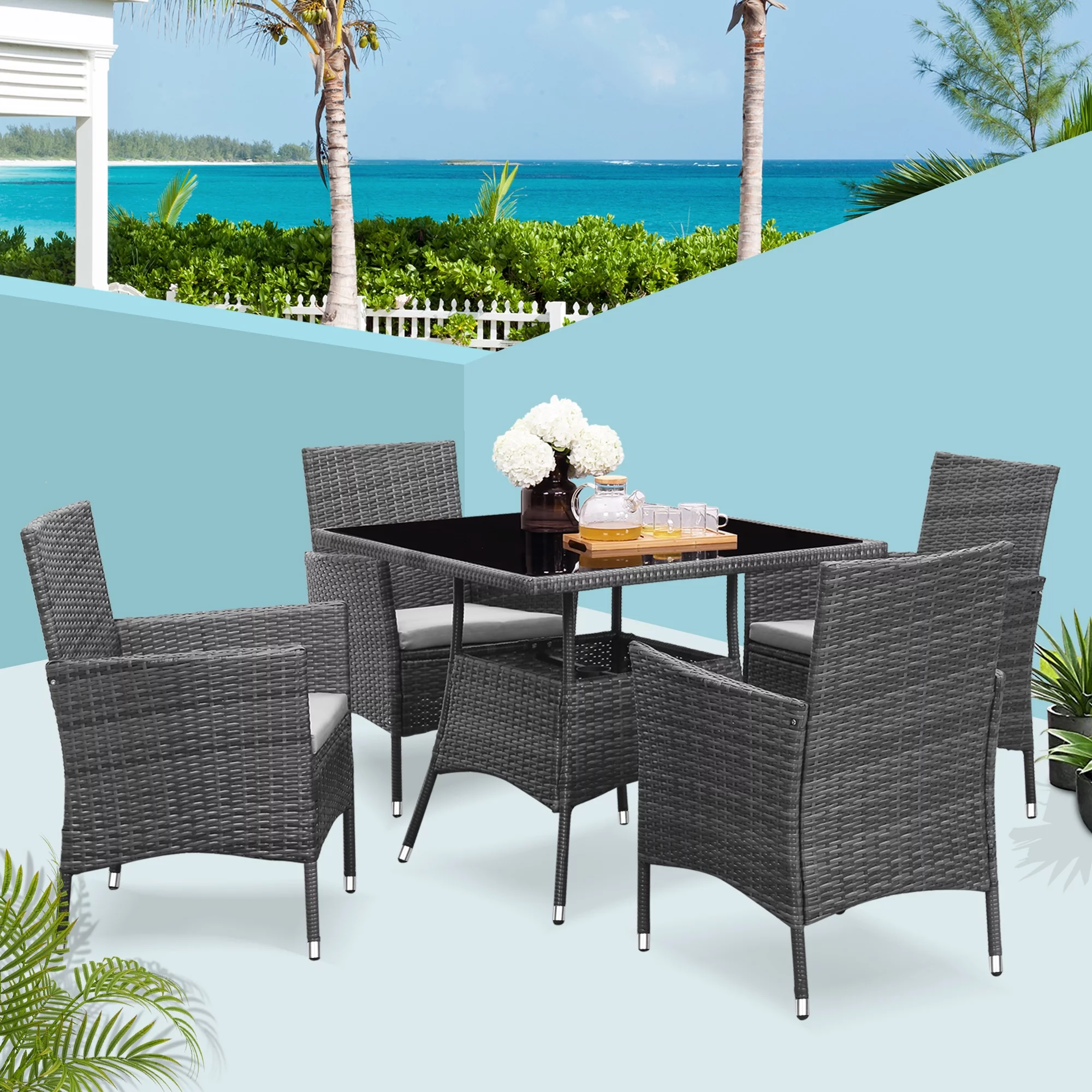 CozyHom 5 Pcs Outdoor Patio Wicker Furniture Dining Table Sets, Sectional Conversation Glass Dining Table Chairs Set for 4 with Umbrella Hole, Grey