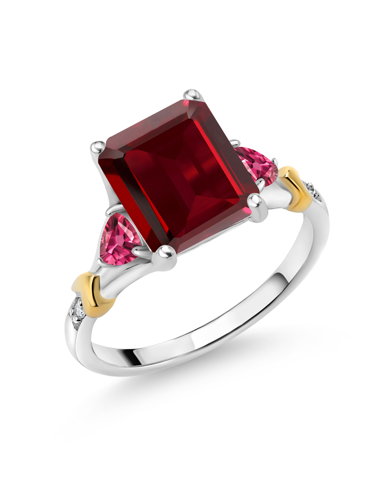 Gem Stone King 925 Silver and 10K Yellow Gold Red Garnet and Pink Tourmaline and Diamond Engagement Ring For Women (4.24 Cttw, Emerald Cut 10X8MM