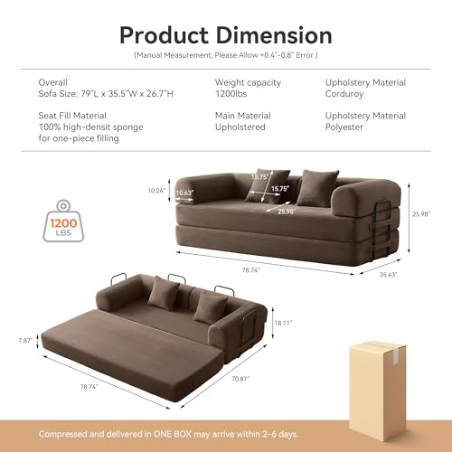 Convertible Sleeper Sofa Bed with Cylindrical Pillow, Comfy Foldable Sofa Bed Compressed Sofa in Box