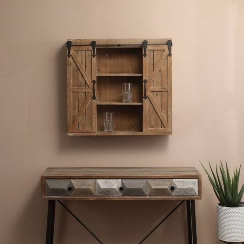 Farmhouse Sliding Bathroom Wall Mounted Cabinet 2-Doors u0026 Shelves - 27.2&& H x 29.9&& W x 7.9&& D - Brown