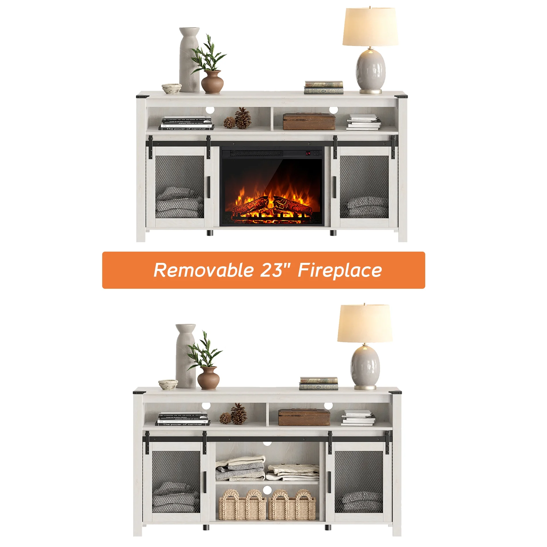 WAMPAT Farmhouse Fireplace TV Stand for 65+ Inch TV, Highboy Entertainment Center with 23" Electric Fireplace & Mesh Barn Doors