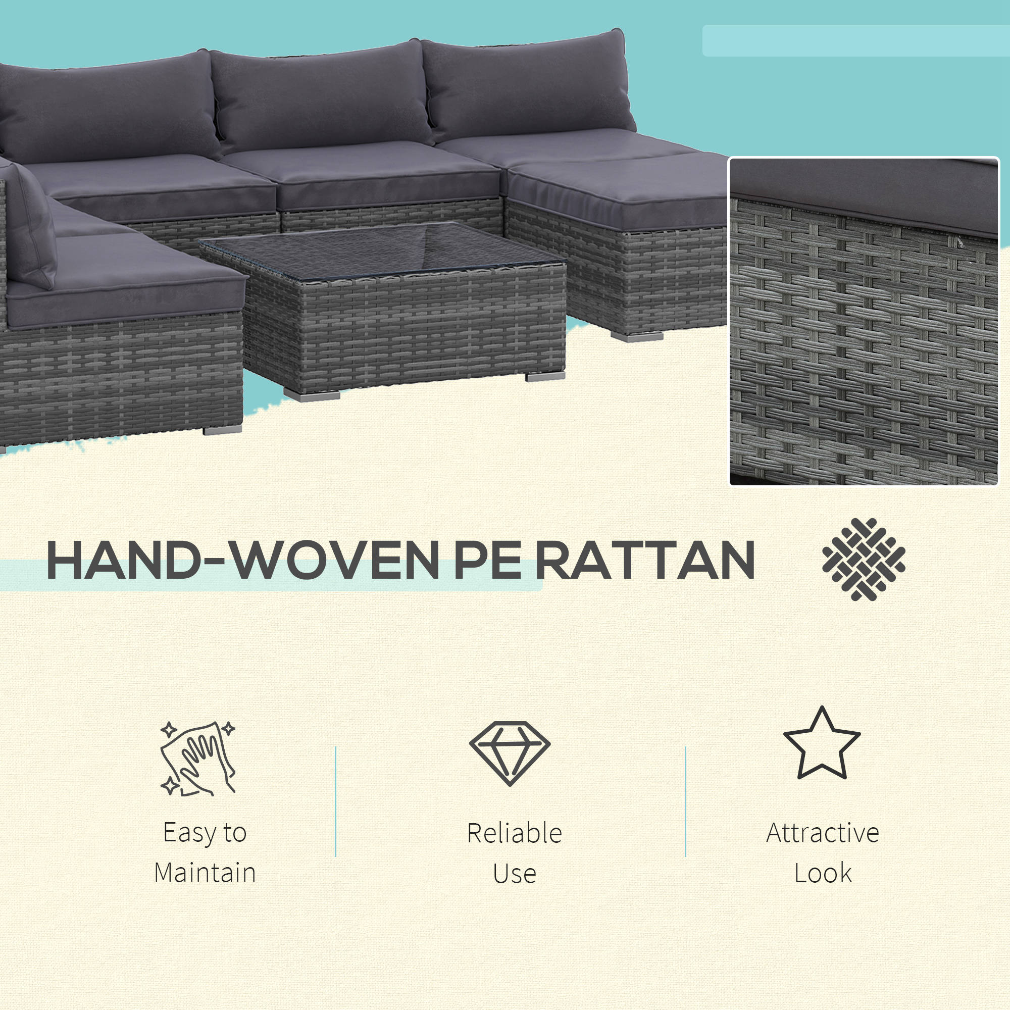 Outsunny Patio Furniture Set, 8 Pieces, Sectional Sofa, All Weather PE Rattan Conversation Set, Tempered Glass Table, 6 Seats, Ottoman Footstool