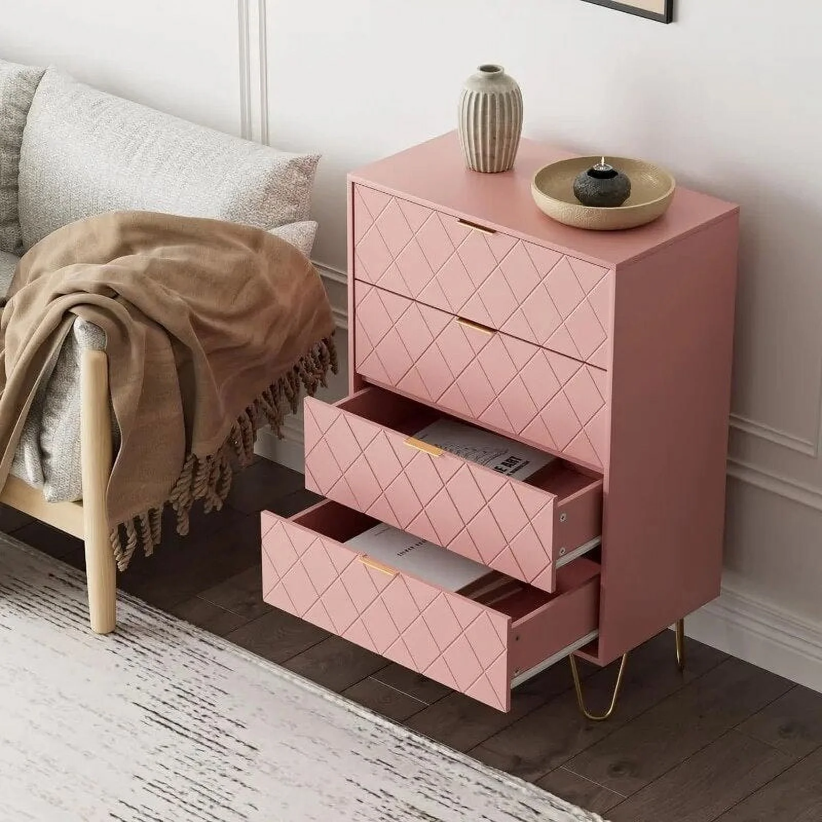 , Tall Storage Dresser Chest Cabinet Organizer Unit with Metal Legs, Small Dresser for Bedroom, Living Room, Closet