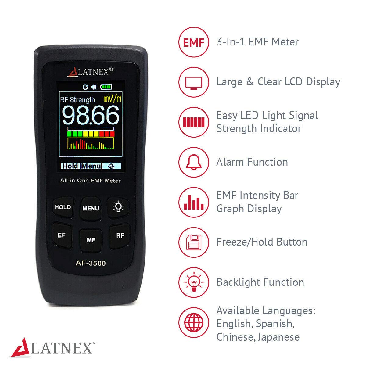 AF-3500 EMF Meter RF Detector and Reader with Calibration Certificate - Measures High and Low EMF Radiation from Cell Phones Towers, Smart Meters