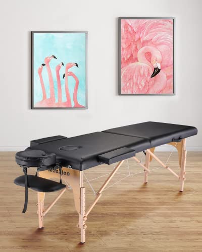 Portable Massage Table Massage Bed Professional SPA Reiki Eyelash Salon Bed, Wooden Frame Height Adjustment & Accessories, Black (3-Section)
