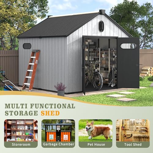 UDPATIO 6x6 FT Outdoor Storage Shed, Resin Plastic Shed with Floor Air Vents Side Windows Skylights Lockable Doors, Backyard Patio Garden, Grey