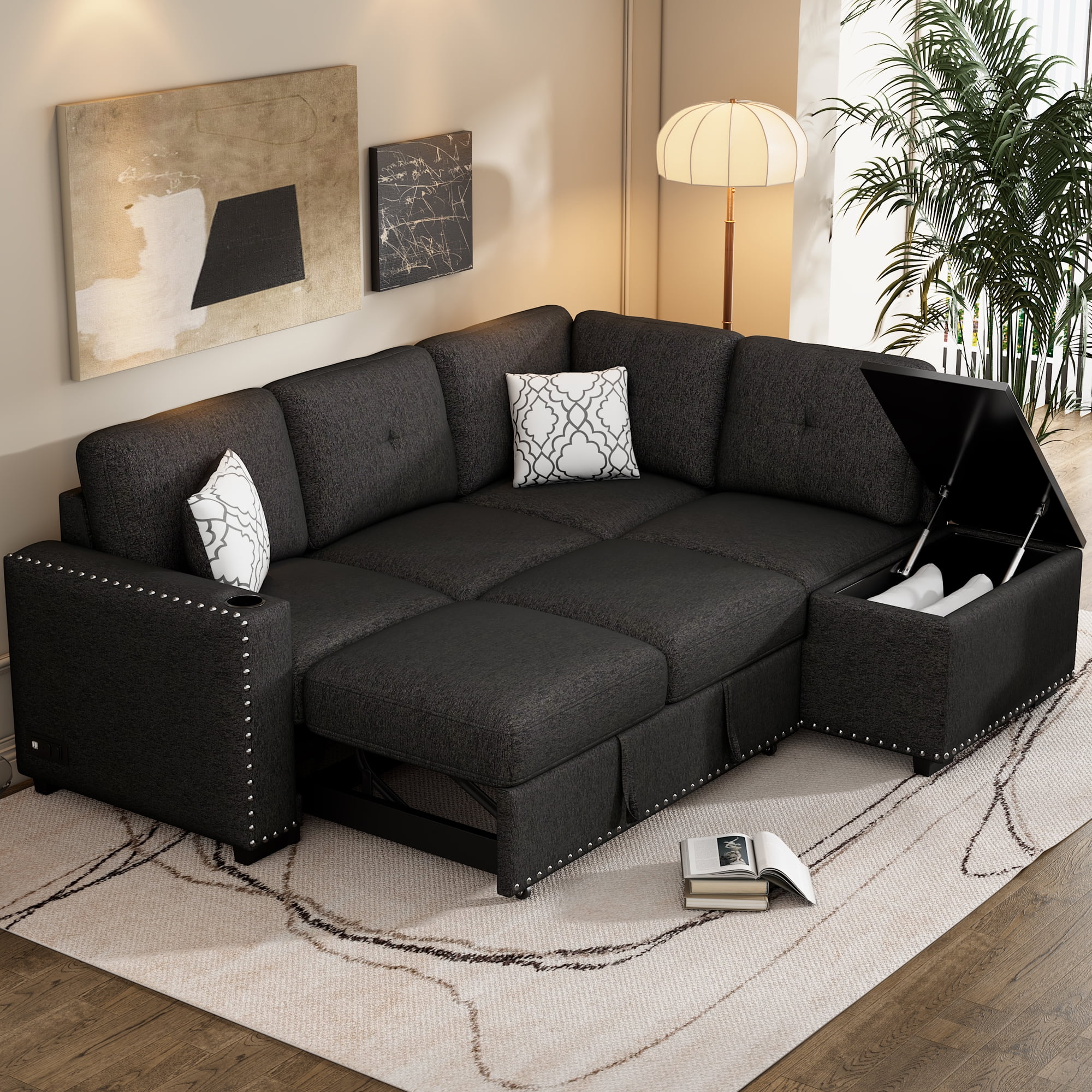 Reversible Sectional Pull-Out Sofa Bed L-Shaped Corner with Storage Chaise, Black