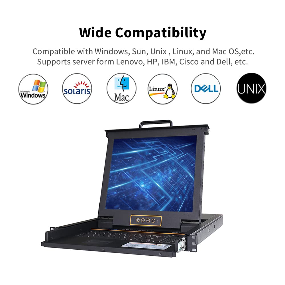 8 Port Rackmount KVM Console,1U 17 LCD Monitor,8-Port VGA KVM Drawer w/Cables,1280×1024@60Hz