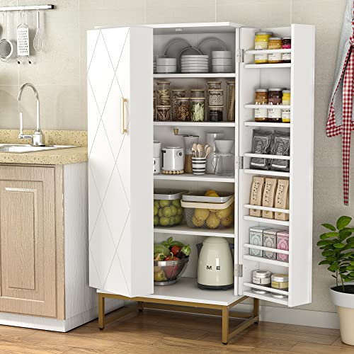 51” Pantry Cabinets, White Freestanding Kitchen Pantry Storage Cabinet with Adjustable Shelves, Buffet Cupboards Storage Cabinet for Home Office Use