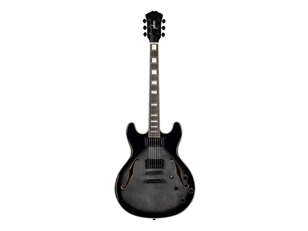 Monoprice Indio Boardwalk Flamed Maple Hollow Body Electric Guitar - Charcoal, With Gig Bag - Curated Treasures Market