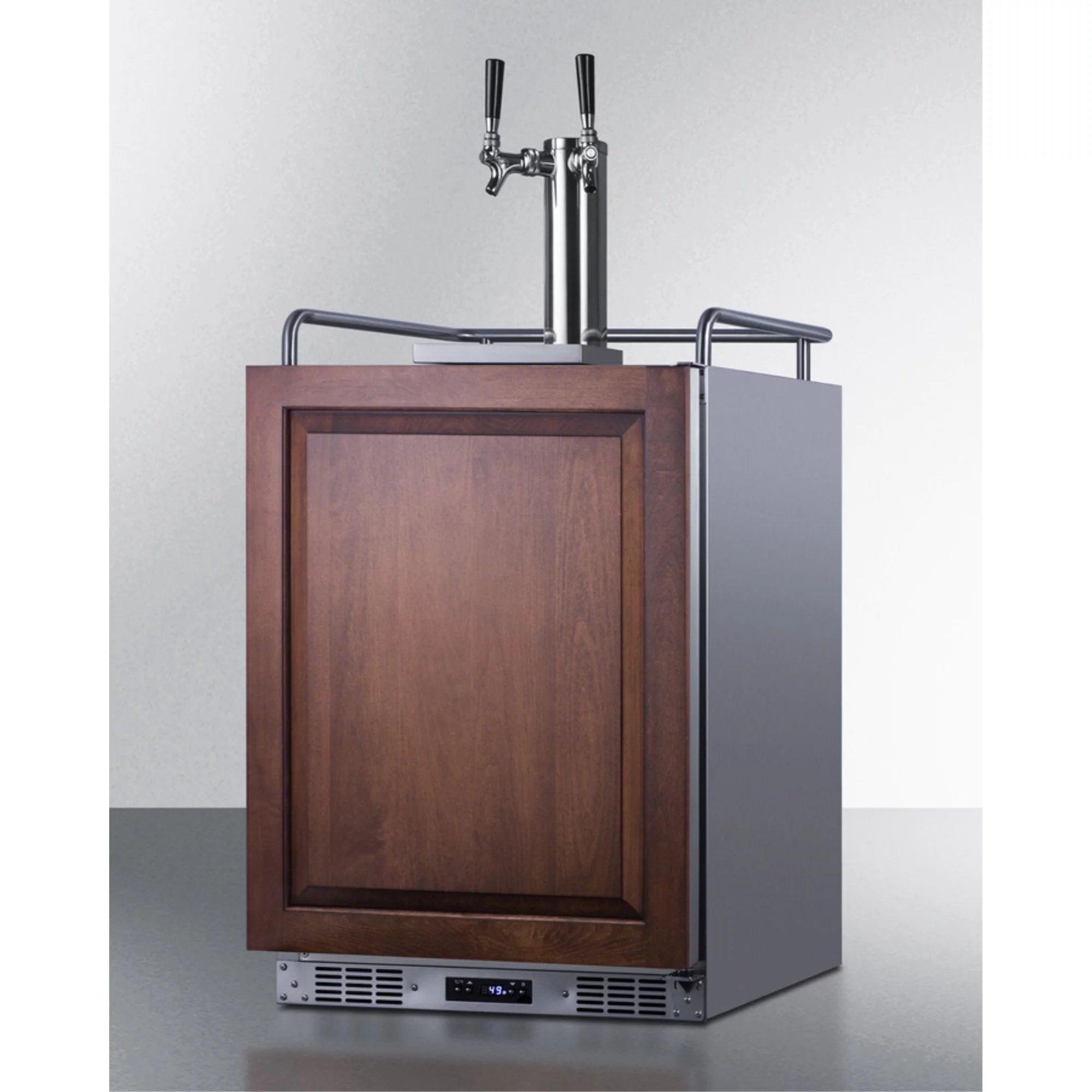 Built-in undercounter dual tap beer kegerator in complete stainless steel with panel-ready door