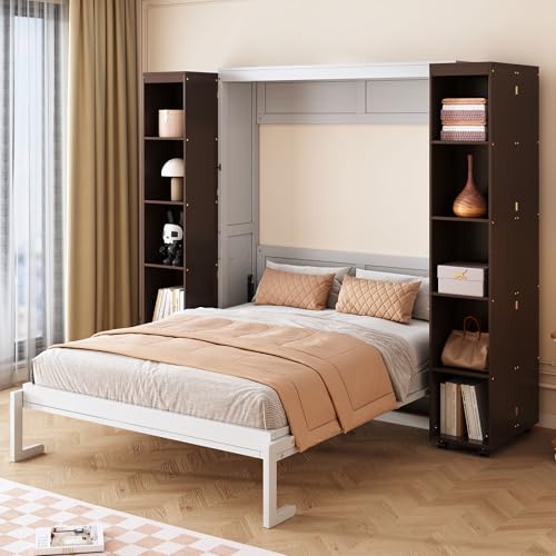 Queen Size Murphy Bed with Sofa, Shelves, USB & Light, Can be Folded Wall Bed and Tall Cabinet with Glass Doors& Wine Rack