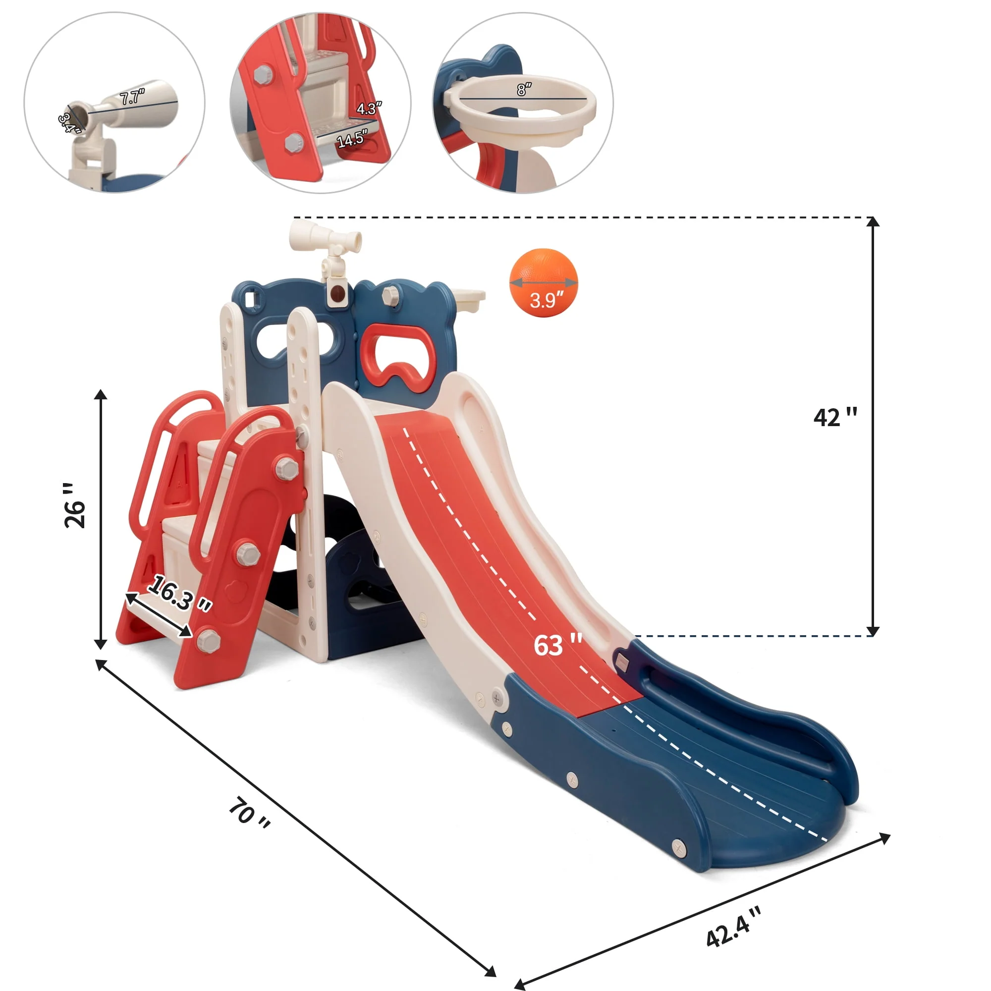 Track 7 5-in-1 Kids Slide and Climber, Freestanding Toddler Playground with Basketball Hoop, Telescope, Ball and Storage Space for Indoor Outdoor, Red