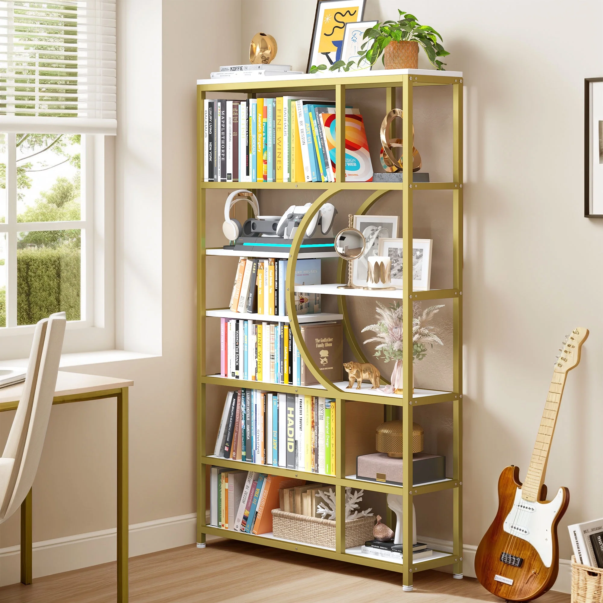 Dextrus 7-Tier Gold Bookshelf, 71" Tall Etagere Bookcase with Metal Frame, Geometric Large Book Shelves for Bedroom, Living Room, Home Office