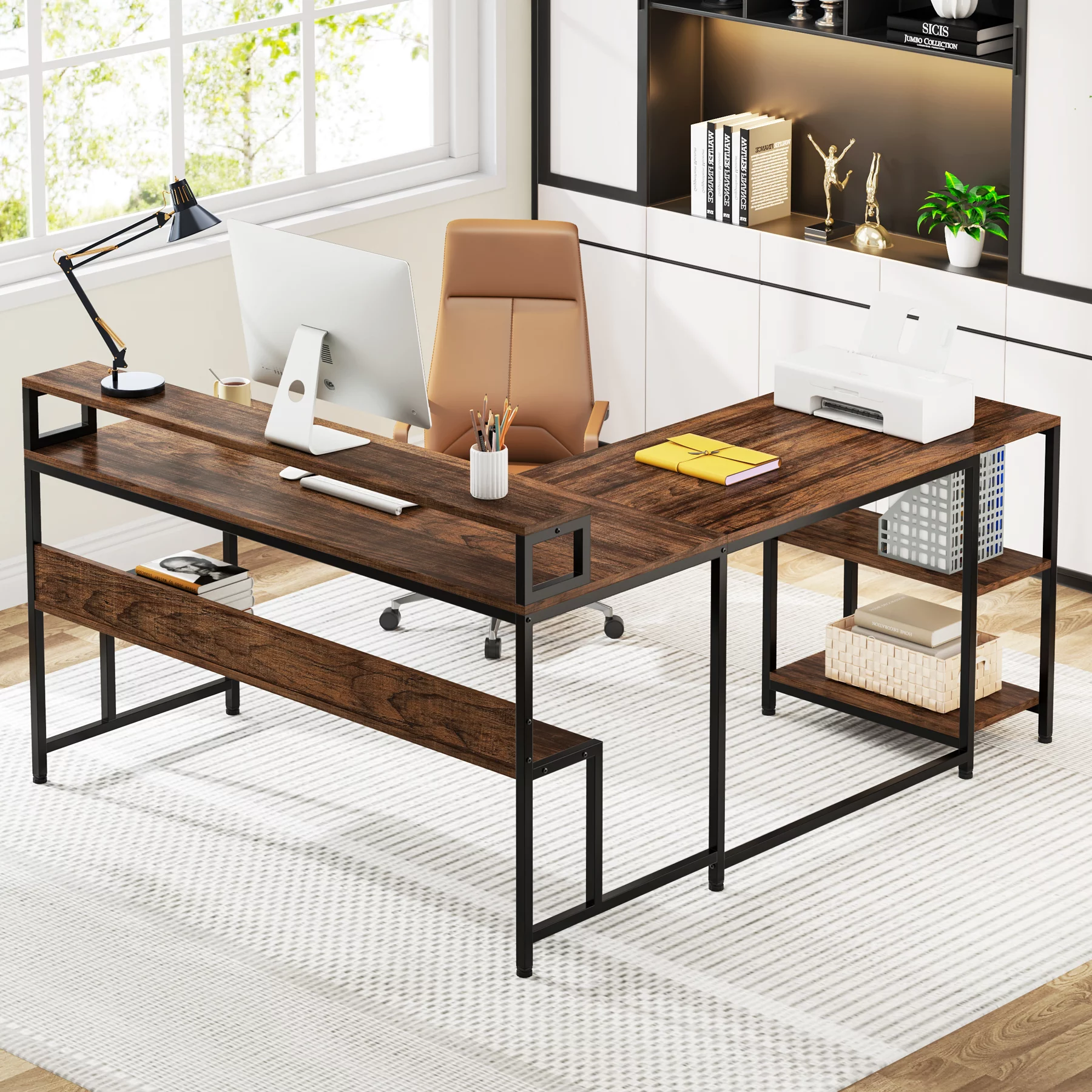 Tribesigns Reversible L Shaped Desk with Monitor Stand, 59 Inch Corner Computer Desk with Storage Shelves