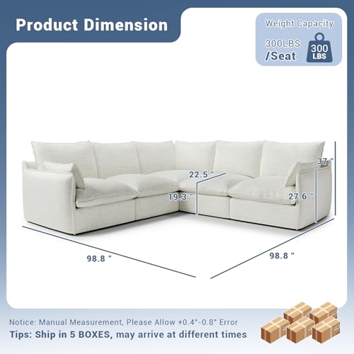 Cloud Modular Sectional Sofa, Waterproof Down Filled Sectional Sofas, High Backrest V Shaped 5 Seater Sectional Couches for Living Room