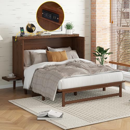 KEIKI Queen Size Cabinet Murphy Bed with Charging Station and Drawer, Multiple Storage Foldable Hideaway Wall Murphy Bed Frame with Solid Slat