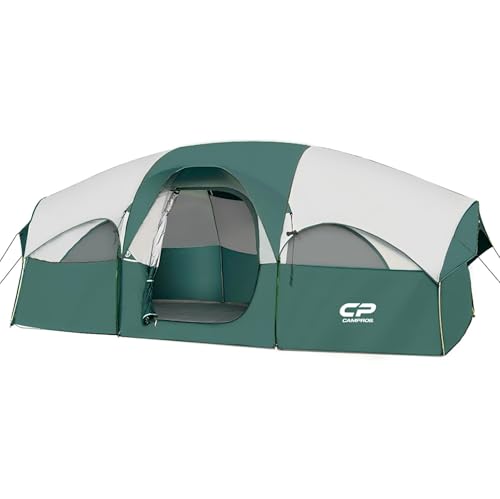 CAMPROS CP Tent 8 Person Camping Tents, Weather Resistant Family Tent, 5 Large Mesh Windows, Double Layer, Divided Curtain for Separated Room