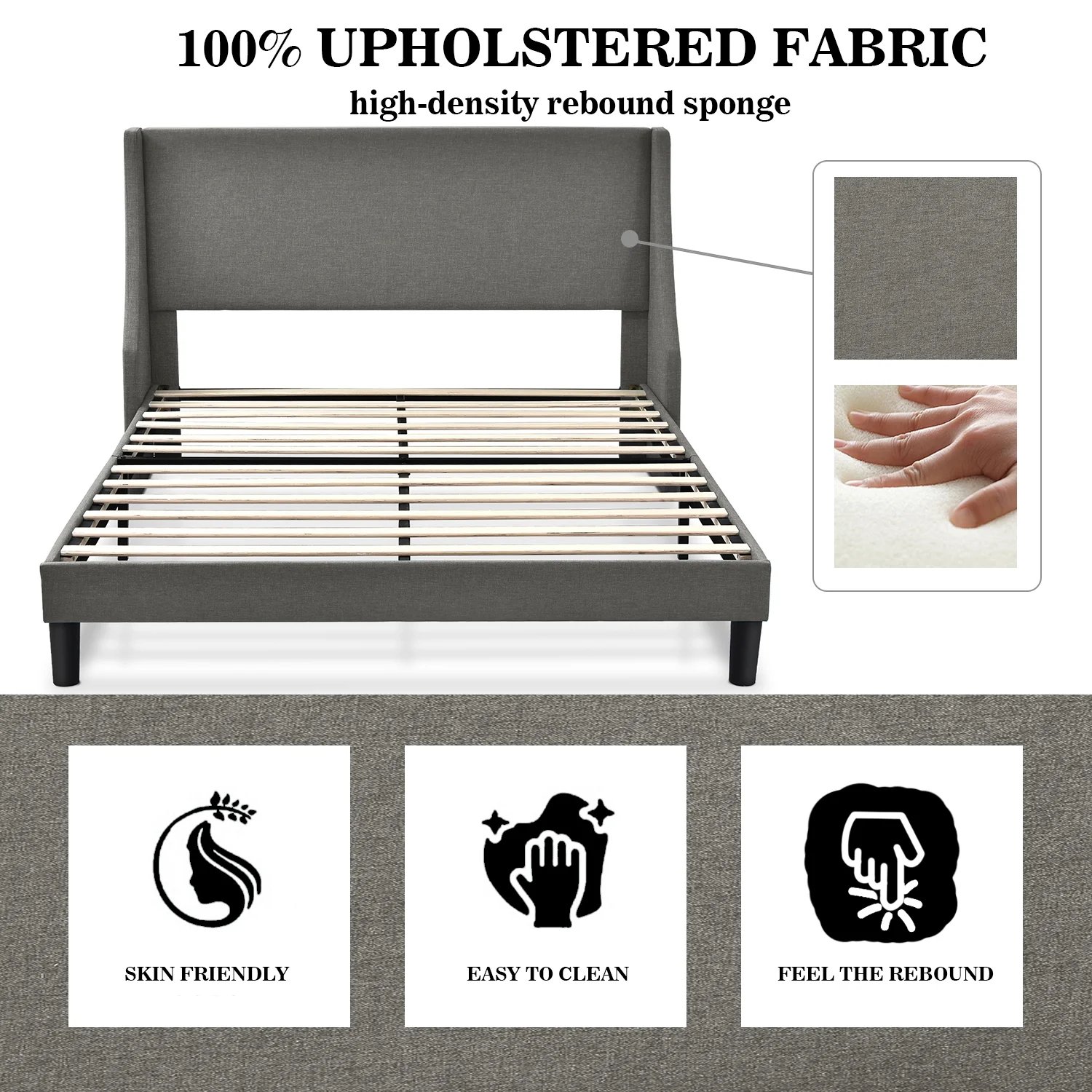Allewie Full Size Fabric Upholstered Platform Bed Frame with Wingback Headboard, Light Grey