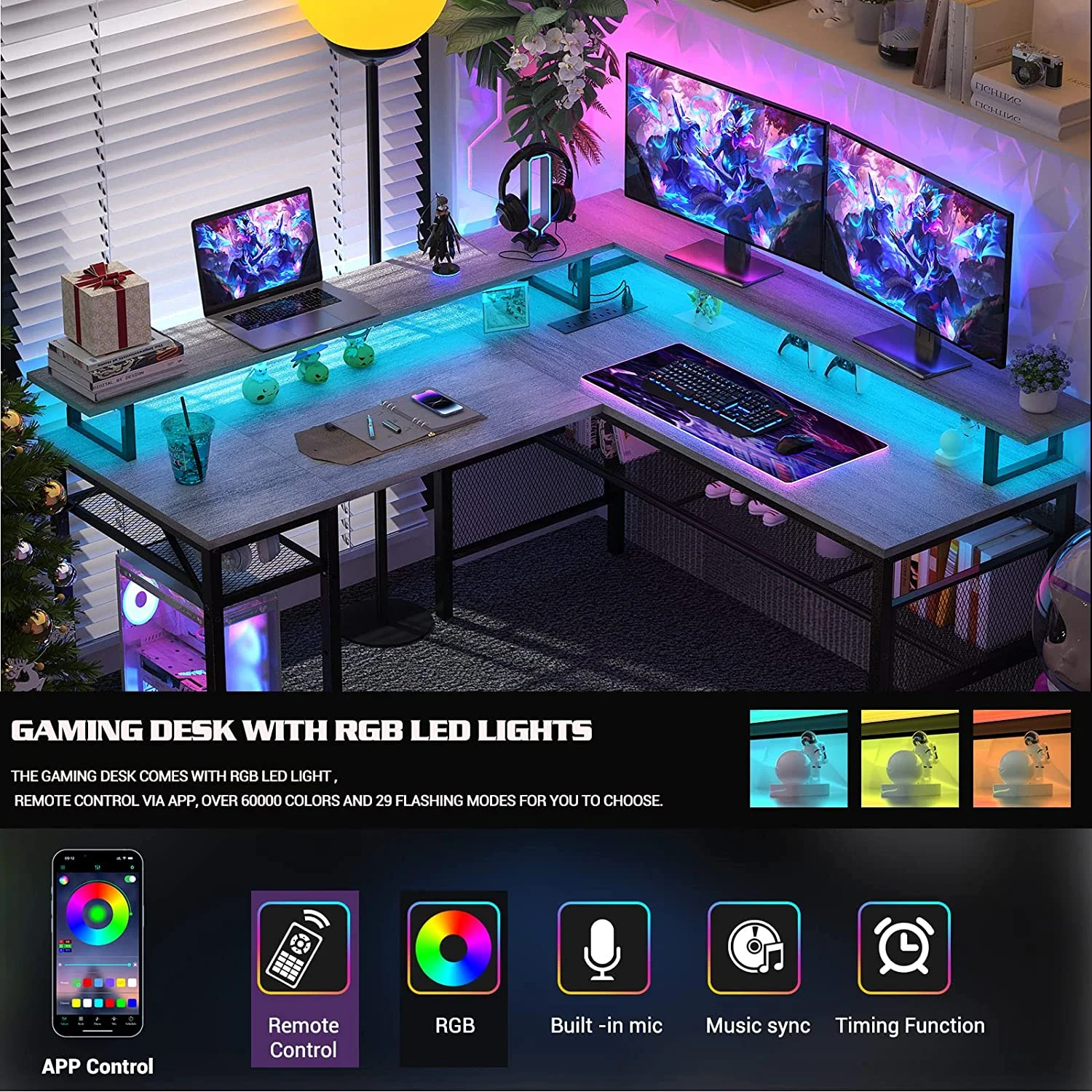 Homieasy L Shaped Desk with Power Outlets and LED Light, 55 inch Reversible L-Shaped Gaming Desk with Monitor Stand