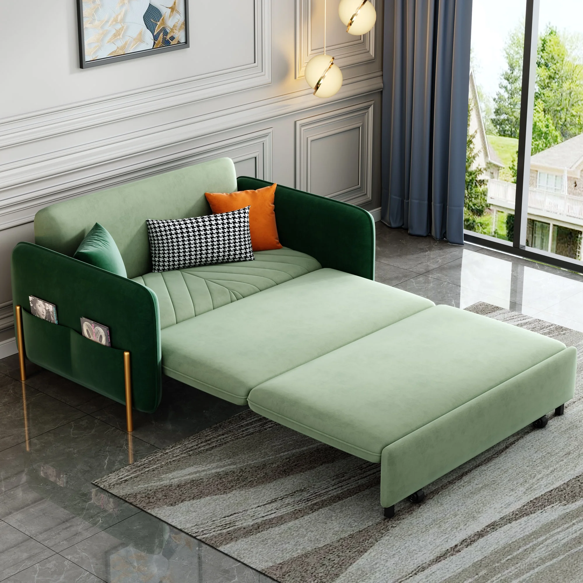 53.5" Full Sleeper Sofa Green Upholstered Convertible Sofa Bed 3 in 1 Sleeper Sofa Couch Bed