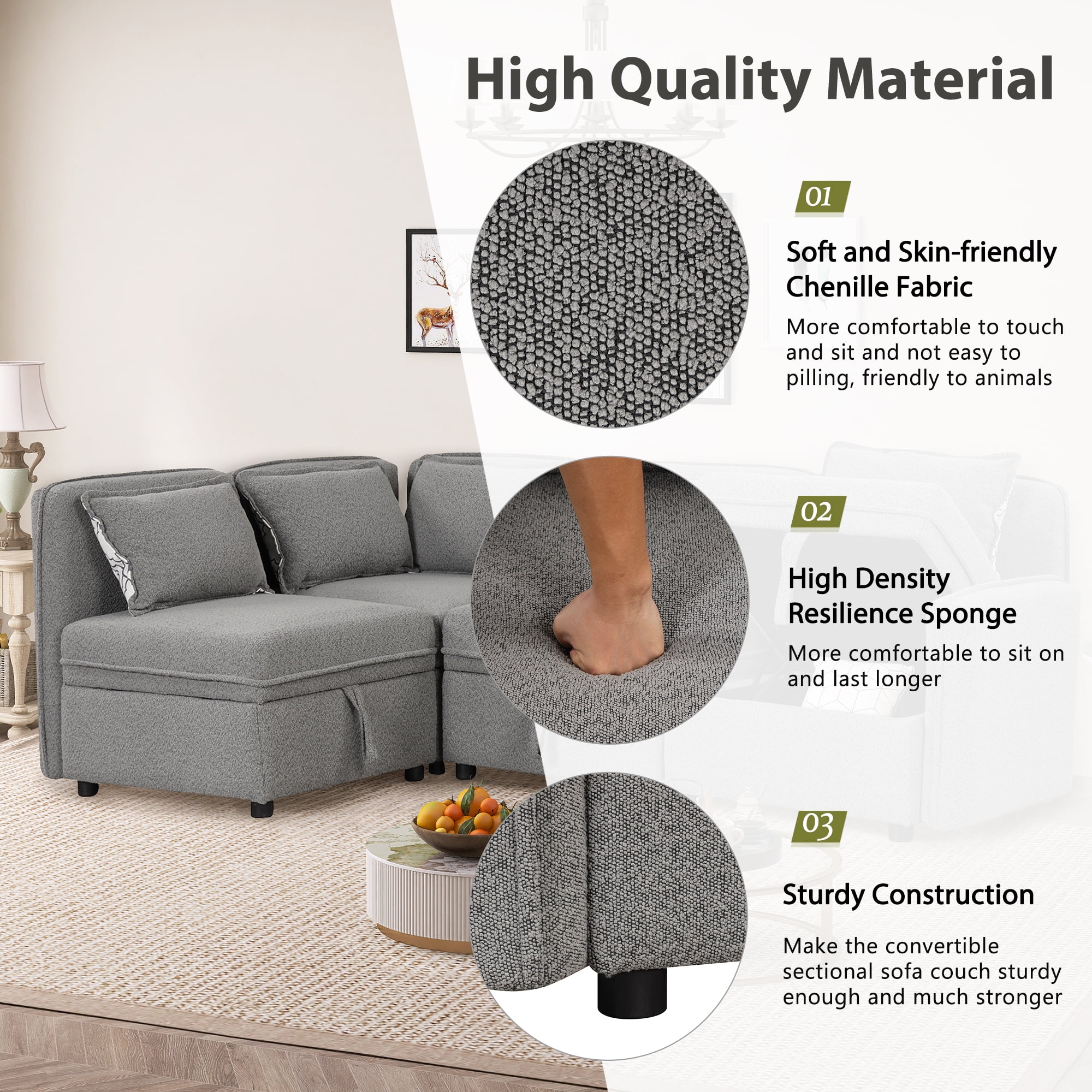 122.8" Convertible Modular Minimalist Sofa Free Combination 4 Seater Sofa Chenille Fabric Sectional sofa with 5 Pillows for Living Room, Office