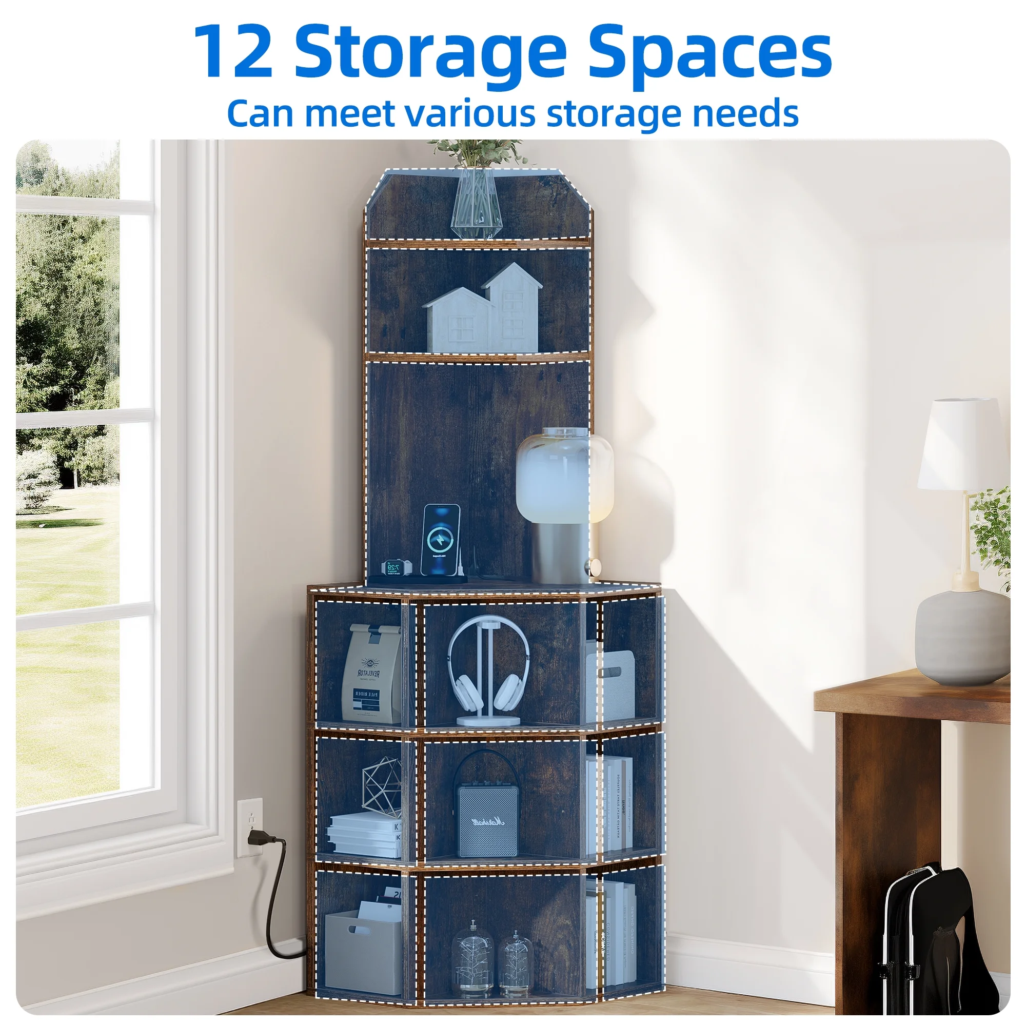 Dextrus 5-Tier Corner Shelf with USB Ports and Outlets, Corner Bookshelf Bookcase Display Shelves Rack Storage Corner Bar Cabinet for Living Room